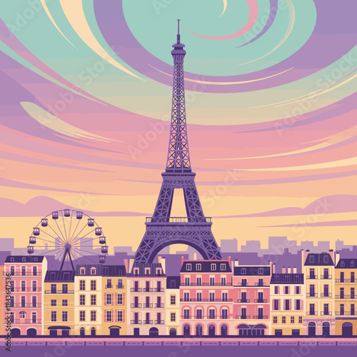 An enchanting illustration of the Eiffel Tower in Paris, surrounded by lovely buildings and a vibrant sky, capturing the romantic essence of this iconic landmark.