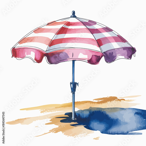 A charming striped beach umbrella stands against a sandy shoreline, evoking feelings of relaxation and summer fun, complete with a touch of watercolor artistry for coastal vibes.
