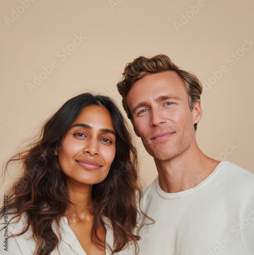 Happy Indian Woman and American Man Posing Together in Close-Up Portrait