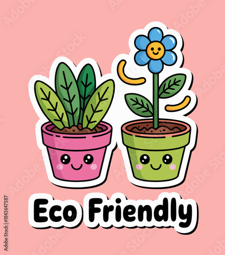 An adorable illustration featuring two potted plants with smiling faces, promoting eco-friendliness and sustainability while showcasing elements of joy and care for the environment.