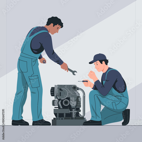 Two skilled mechanics collaborate to repair an engine, showcasing teamwork and expertise in automotive repairs in a detailed and modern workshop environment.