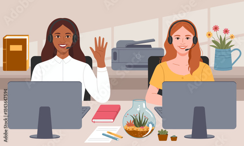 Two smiling representatives are shown at their workstations, engaging with clients through headsets in a bright and inviting office environment featuring plants and books.