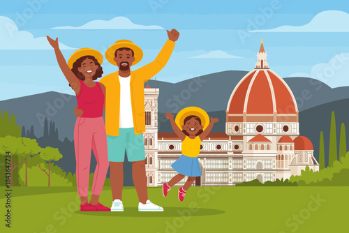 A cheerful family enjoying a beautiful day in Florence, Italy, with iconic architecture in the background, showcasing warmth, love, and togetherness in a stunning setting.