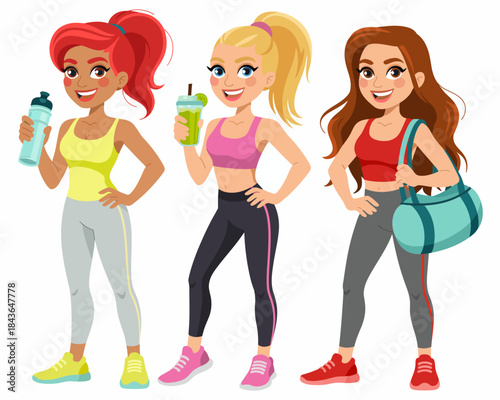 This vibrant image showcases three fit women in stylish activewear, each with different beverages, celebrating fitness and friendship in a dynamic and engaging atmosphere.