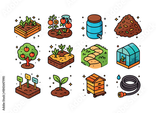 Permaculture Icon Set. Permaculture. Colorful isometric vector i