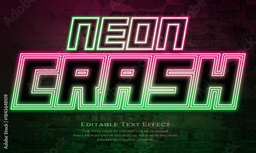 [Editable Text Effect Logo] ”neon  Crash  Logo” The title logo style is a Three lines neon glowing logo on a brick textured background.