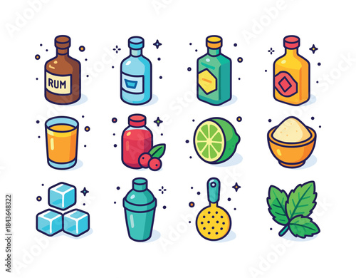 Colorful Cocktail Icons. Cocktail Ingredients. Colorful isometri