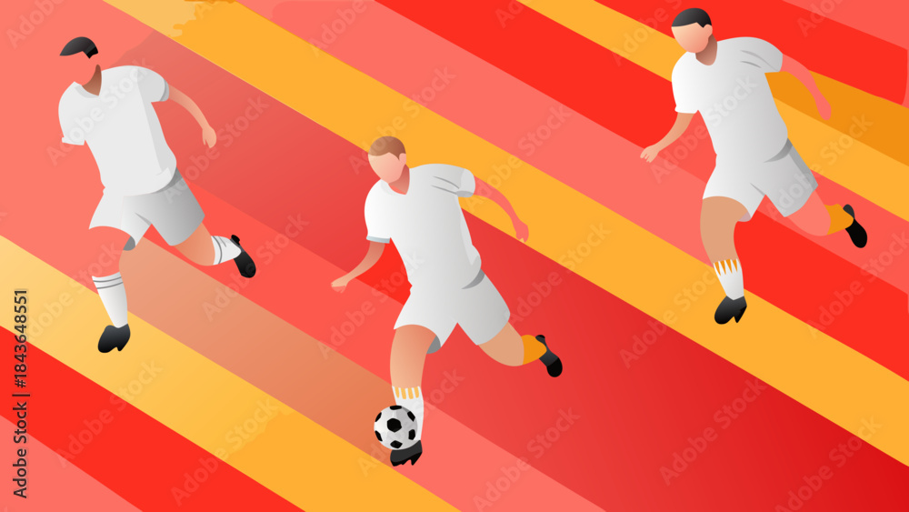Fototapeta premium Three soccer players in white uniforms running on a striped background