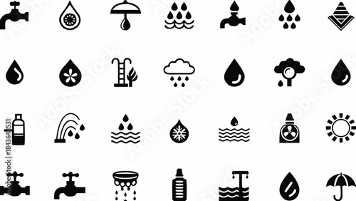 Collection of various black and white weather and water related icons