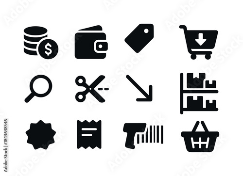 Budget Shopping Icons. Budget shopping. Solid icon set of Budget