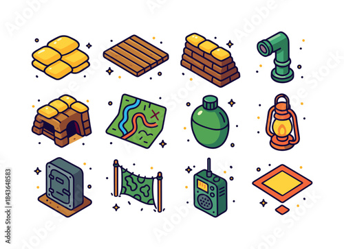 Colorful Trench Icons. military trench. Colorful isometric vecto