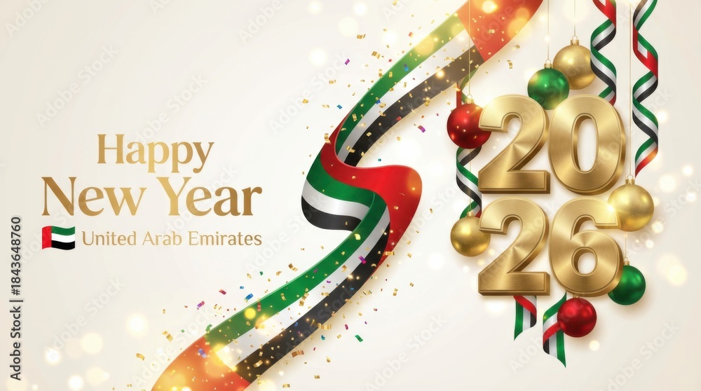 Fototapeta premium united arab emirates new year 2026 banner with waving ribbon in national flag colors