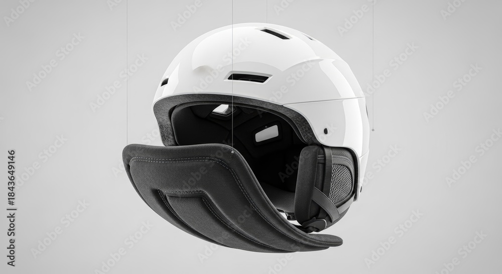 Fototapeta premium White Ski Helmet with Ear Flap Suspended on Grey Background