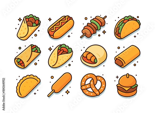 Colorful Street Food Icons. Street food. Colorful isometric vect