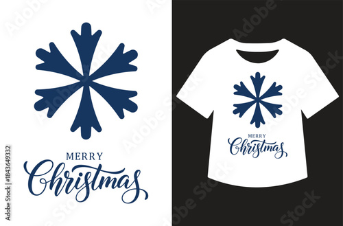 Simple navy blue snowflake icon with “Merry Christmas” hand lettered script, minimalist winter holiday vector illustration ideal for Christmas t shirt designs, greeting cards, seasonal branding.