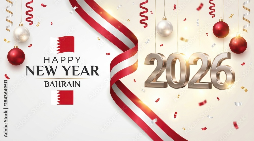 Obraz premium bahrain new year 2026 banner with waving ribbon in national flag colors