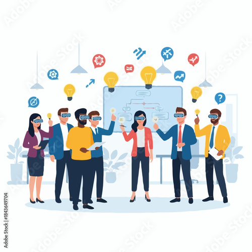 Diverse business team collaborates using virtual reality headsets to generate innovative ideas around a flowchart