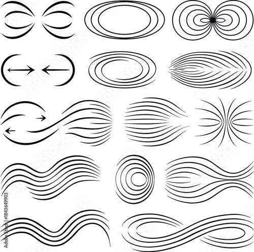 Black and white abstract fluid and vortex line patterns