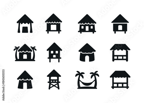 Island Hut Icons. island huts. Solid icon set of island huts: ti