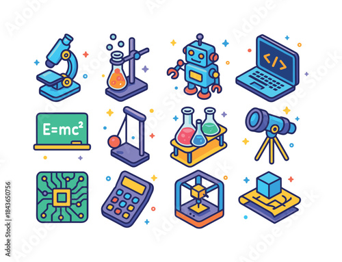 Colorful STEM Icons. STEM learning. Colorful isometric vector ic