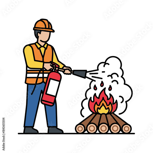 Fire Safety Worker Illustration – Construction Man Using Fire Extinguisher Vector