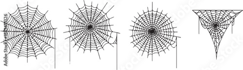 Set of halloween spider web isolated on transparent background concept design, spiderweb in black color, horror spooky decoration, spider net, creepy element, gray checkered surface, cobweb and drips