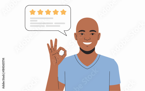 A cheerful man displaying a thumbs-up gesture, indicating satisfaction with a service, accompanied by five-star ratings, reflecting positivity and appreciation in consumer interactions.