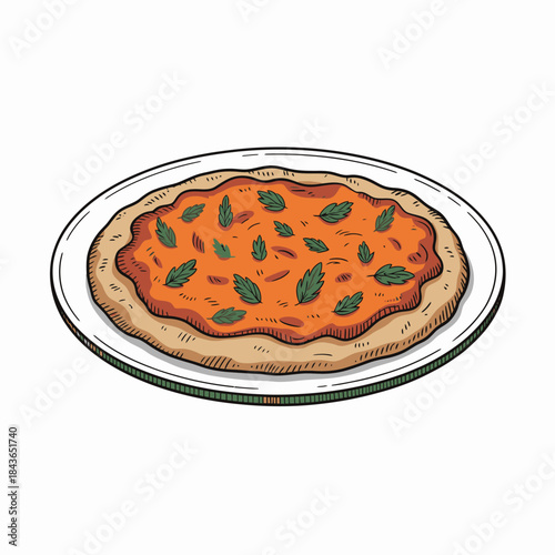 This delightful pizza features a crispy crust topped with a vibrant orange sauce and freshly chopped herbs, presented beautifully on a classic white plate.