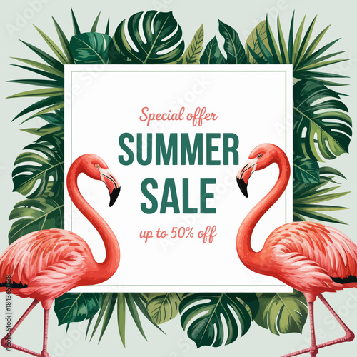 A decorative summer sale banner features flamingos surrounded by lush foliage, highlighting a special promotional offer while evoking a tropical, vibrant atmosphere.