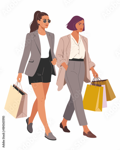 Two fashionable women walking confidently, each carrying stylish shopping bags, embodying modern consumerism and the joy of friendship in a contemporary urban setting.