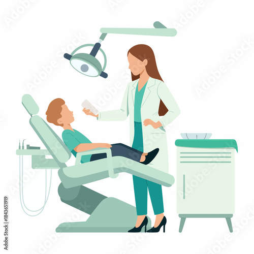 A young child relaxes in a dentist's chair while a professional dentist provides guidance, representing the importance of dental health and a kid-friendly atmosphere.