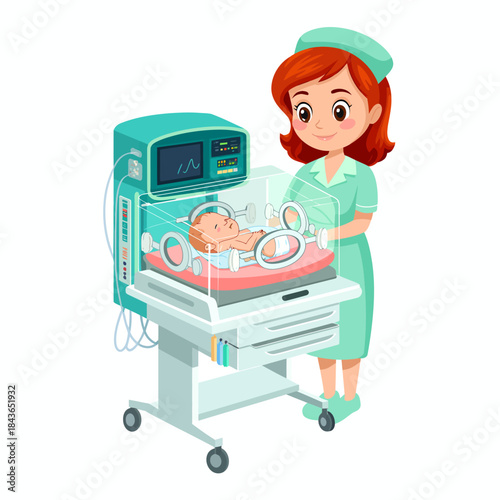 A dedicated nurse is observing a newborn in an incubator, highlighting the vital role of healthcare professionals in neonatal care and child health.