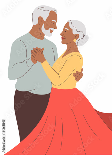 A joyful elderly couple shares a dance, embodying love and connection in their elegant outfits against a simple backdrop, showcasing their timeless bond and warmth.