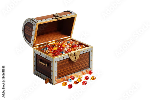 open wooden treasure chest full of gold coins and faceted orange and red round gems, no background svg
