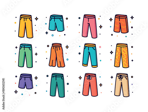 Colorful Summer Pants Icons. Summer pants. Colorful isometric ve