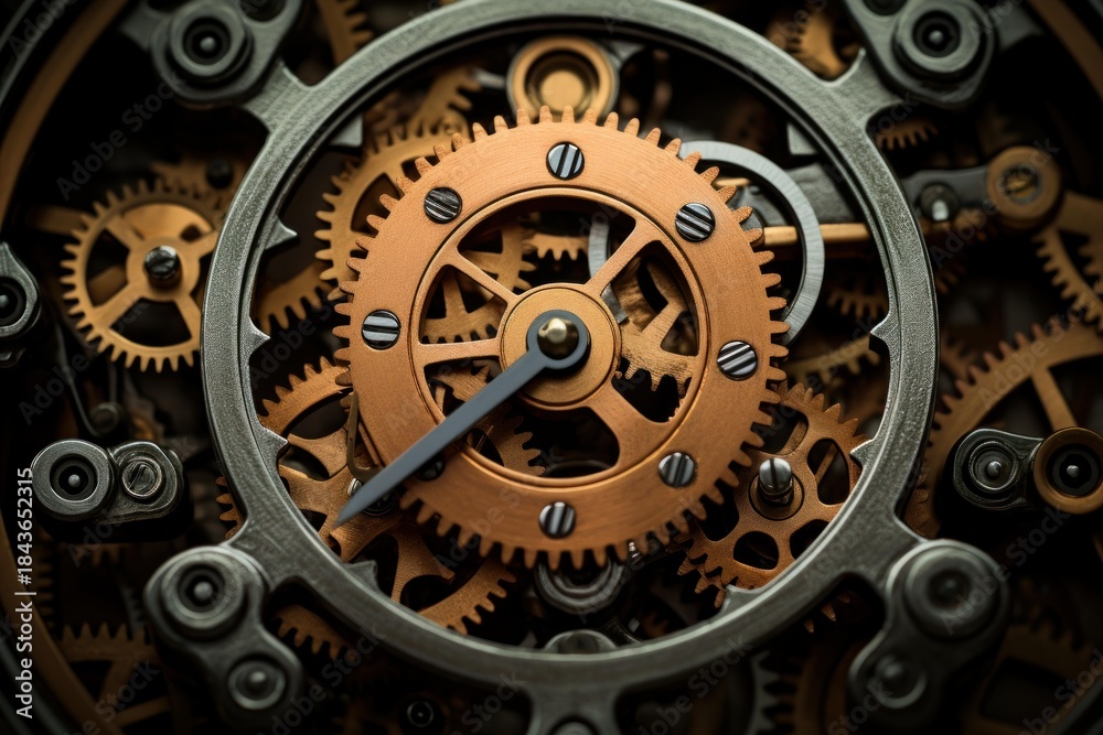 Fototapeta premium Intricate clockwork mechanism with multiple gears and cogs working in harmony, symbolizing precision and time