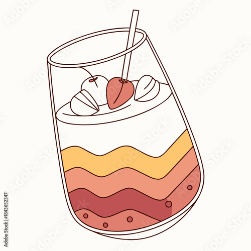 A refreshing layered fruity beverage in a clear glass with a straw and topped with fresh fruit like strawberries and cherries perfect for summer drinks