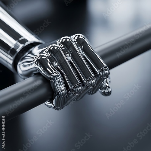 Artificial grasp robot gripping metallic cylinder with steely grip