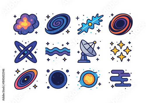 Colorful Space Icons Set. Deep space. Colorful isometric vector