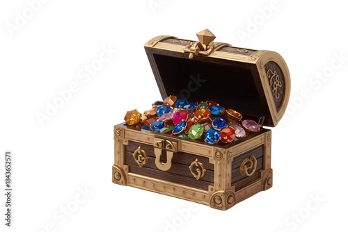 wooden treasure chest with an open lid, overflowing with large brightly colored semi-transparent gems, no background svg