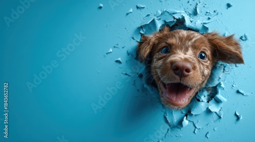 An enthusiastic puppy pokes its head through a blue wall, illustrating playfulness and curiosity, perfect for conveying joy and excitement in pet imagery.