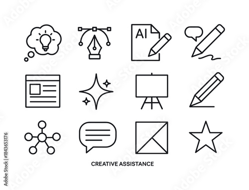 Creative Icon Set. Creative assistance. Line icon set of Creativ