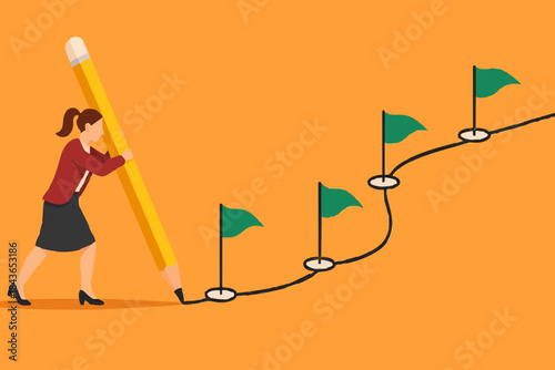 Workflow or working process, project progress, milestone or achievement tracking, work experience or roadmap concept, businessman using pencil to draw workflow line with achievement flag milestones.
