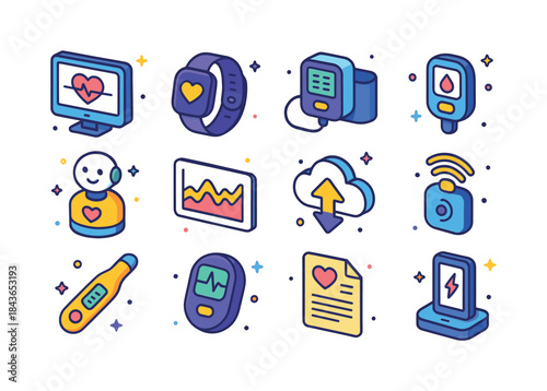 E-Health Icon Set. E-Health Tools. Colorful isometric vector ico