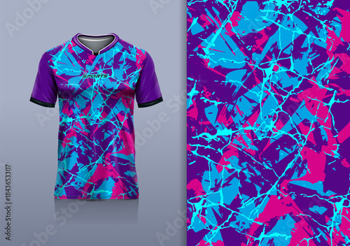 T-shirt mockup abstract texture grunge sport jersey design for football, soccer, racing, esports, running, purple blue pink color