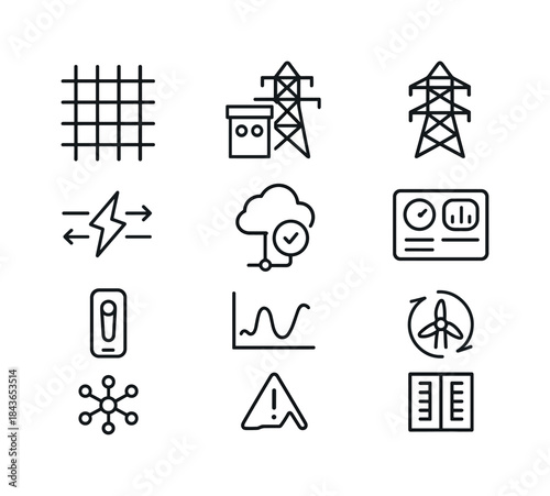Smart Grid Icons. Smart grid management. Line icon set of smart