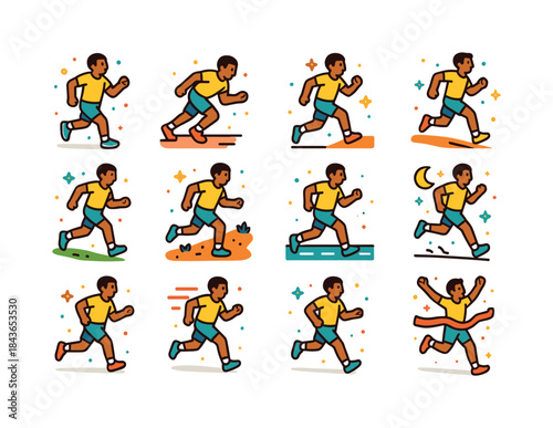Running Icons Collection. Person running. Colorful isometric vec
