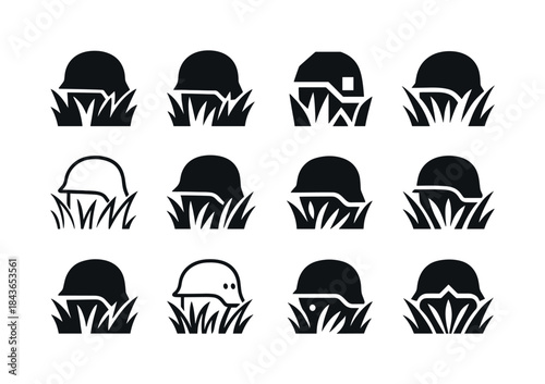 Soldier Helmets Logo Grid. Enemy soldiers hiding. Icon set. Set