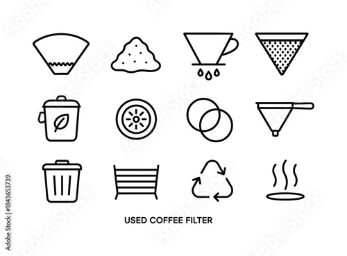Used Coffee Filter Icons. Used Coffee Filter. Line icon set of U