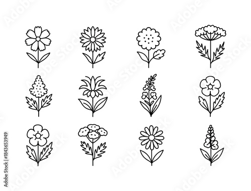 Bees' Flower Icons. Meadow flowers for bees. Line icon set of me